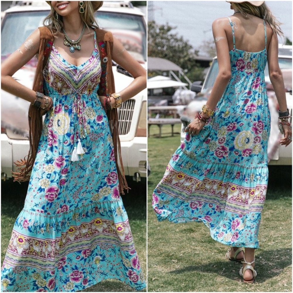 Boho Mint Blue Floral Print Cami Maxi Dress - Picture 2 of 4